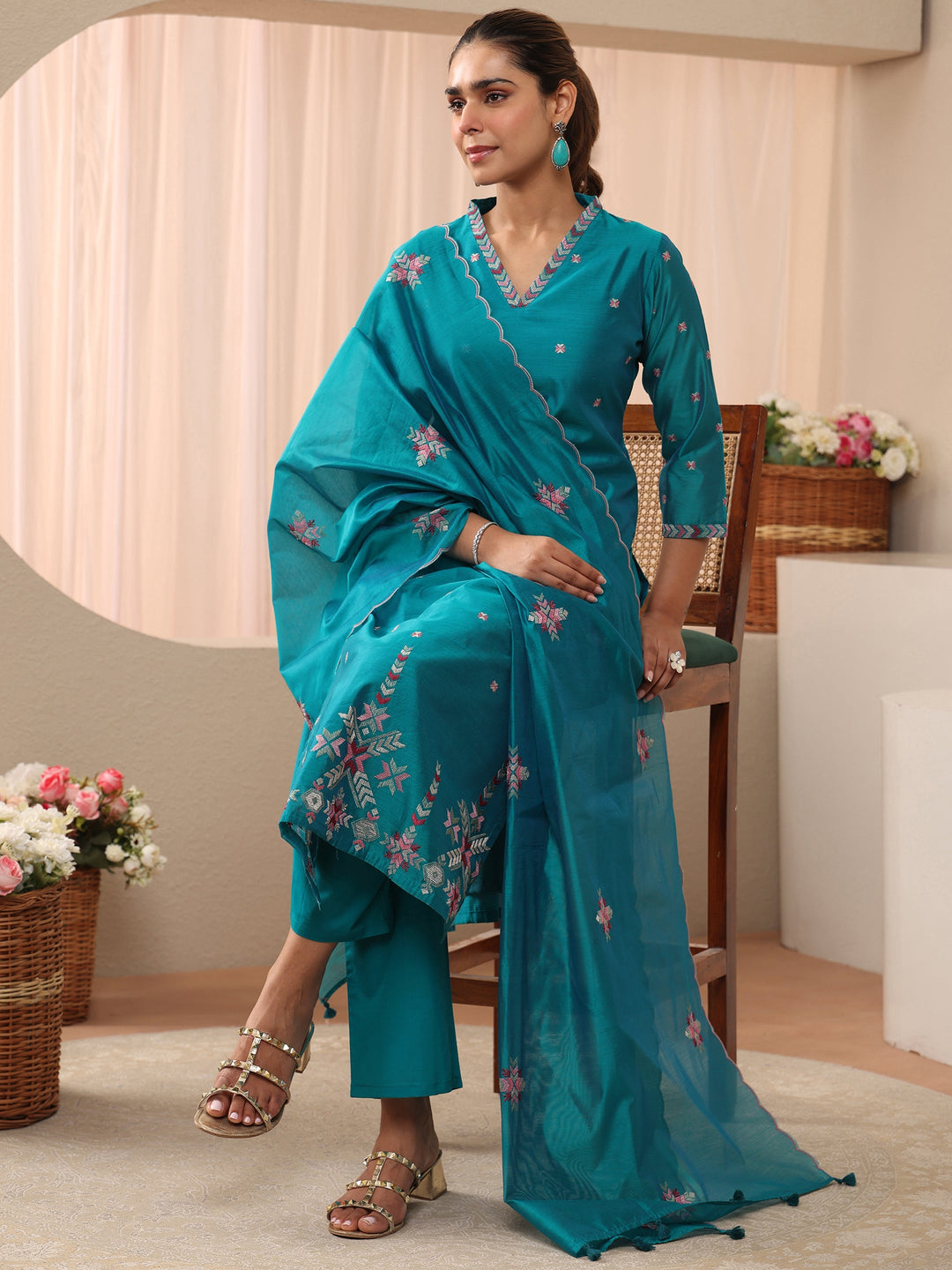 Blue Floral Embroidered Chanderi Silk Straight Suit Set