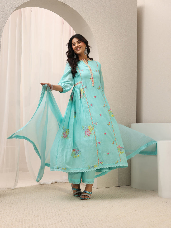 Libas Blue Floral Embroidered Cotton Blend A-Line Suit Set With Dupatta