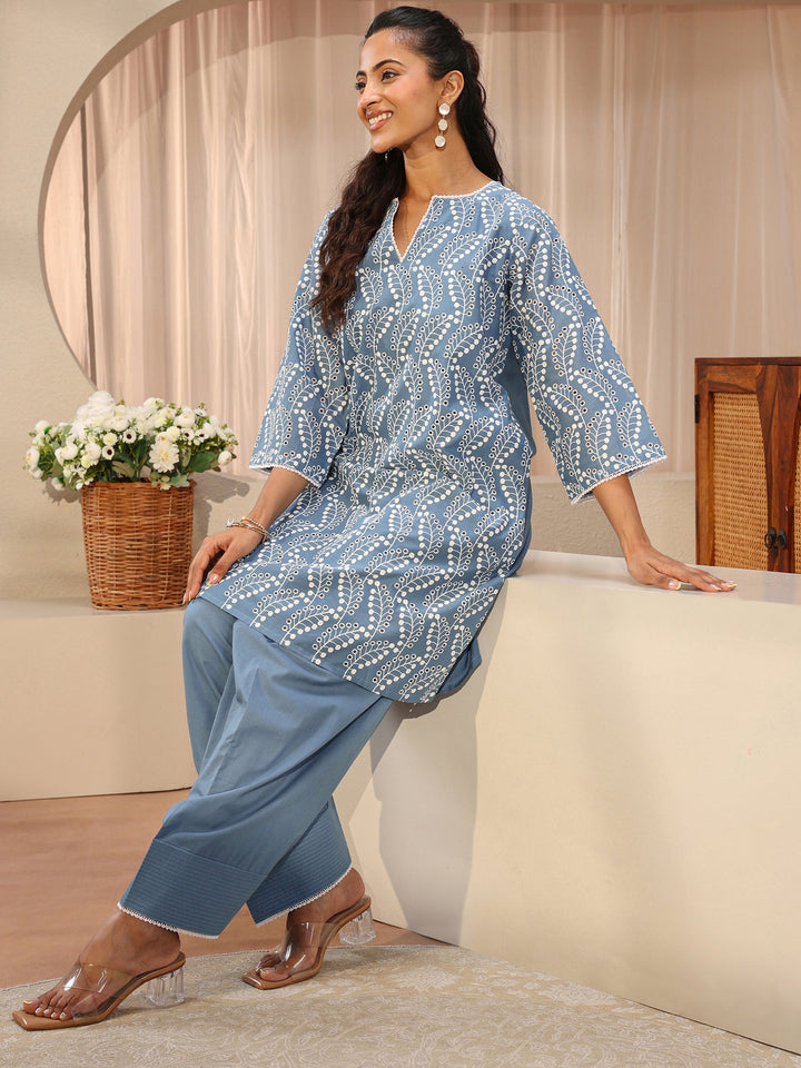 Blue Floral Embroidered Cotton Straight Kurta Set