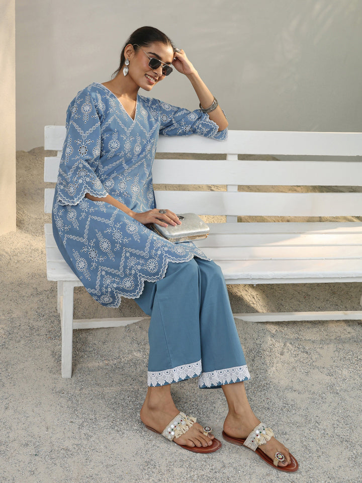 Blue Floral Embroidered Cotton Blend Straight Kurta Set