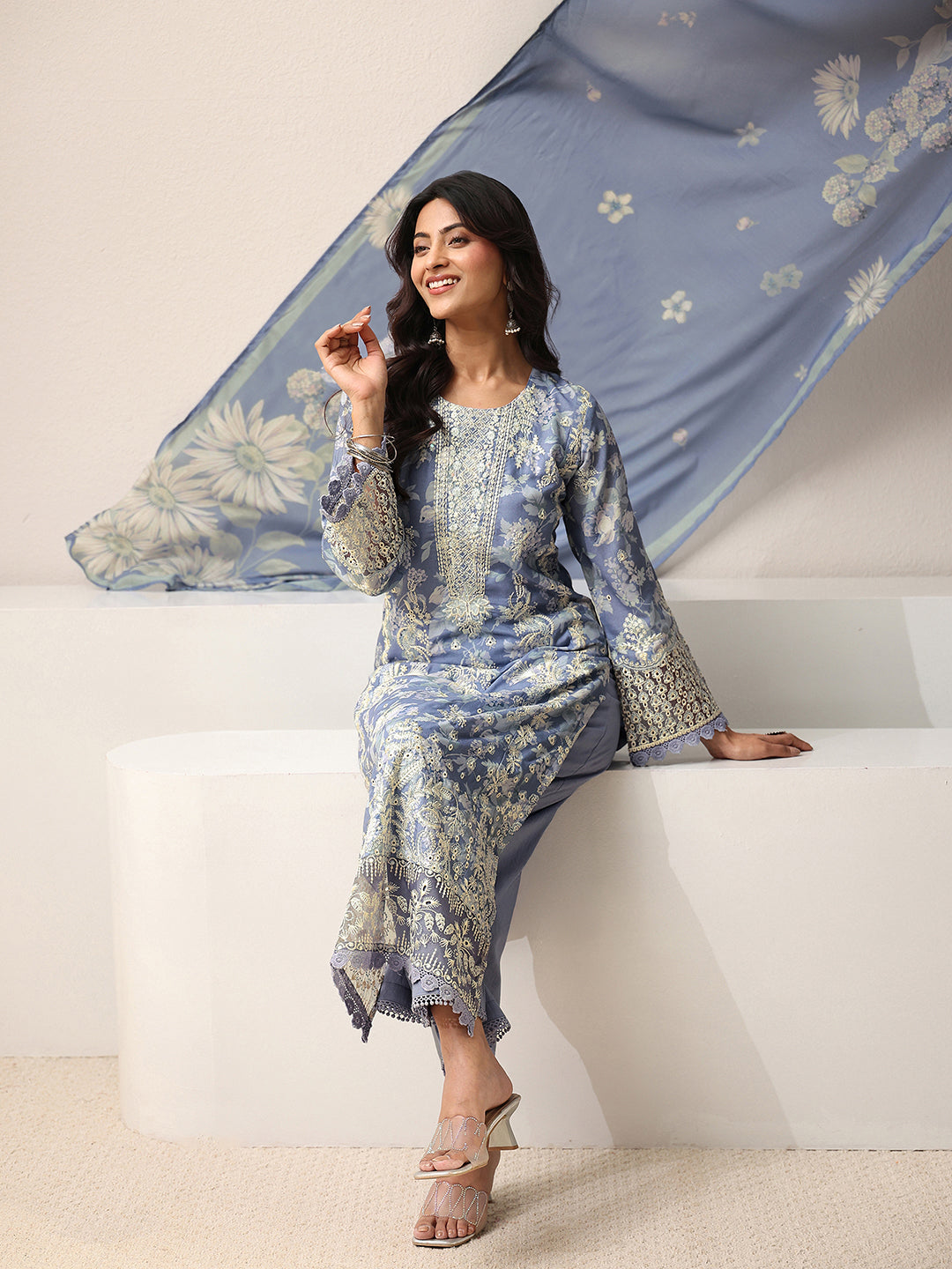 Libas Blue Floral Embroidered Cotton Blend Straight Suit Set With Dupatta