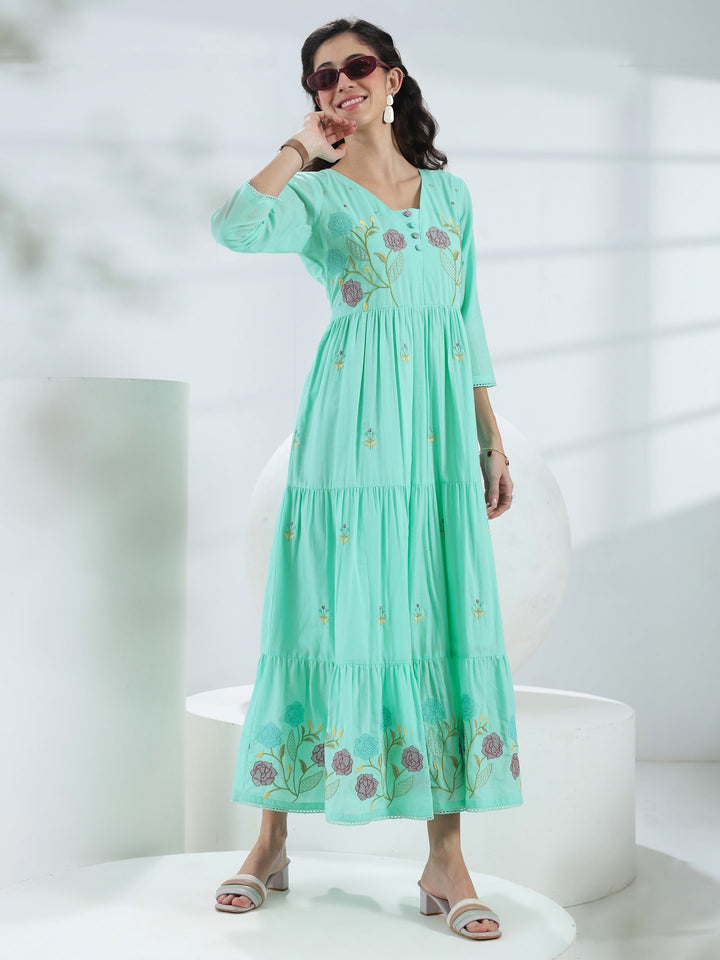 Blue Floral Embroidered Cotton Fit-And-Flare One-Piece Dress