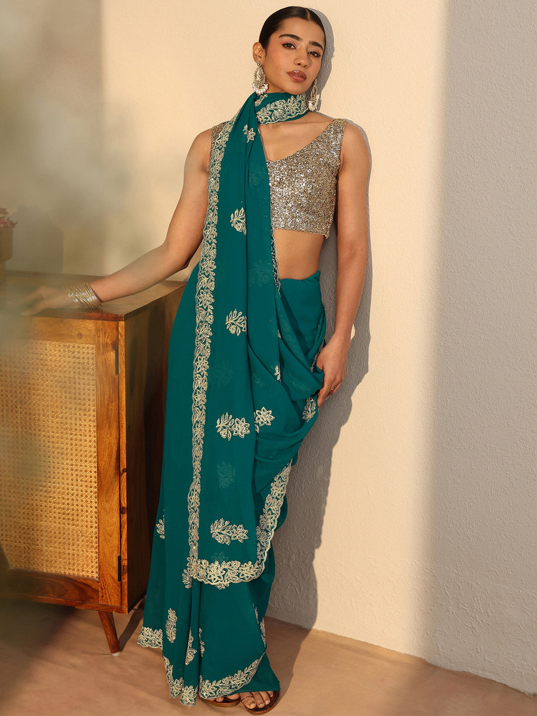 Blue Floral Embroidered Georgette Saree