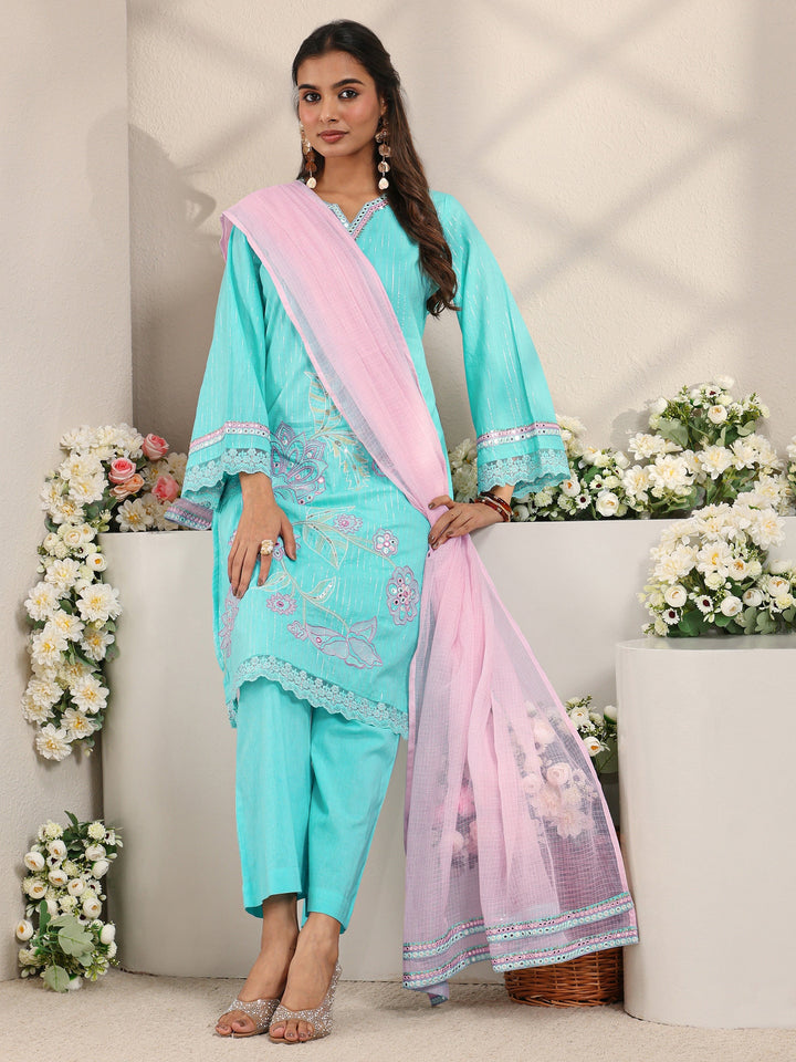 Blue Floral Embroidered Mirror Work Cotton Straight Suit Set with Dupatta