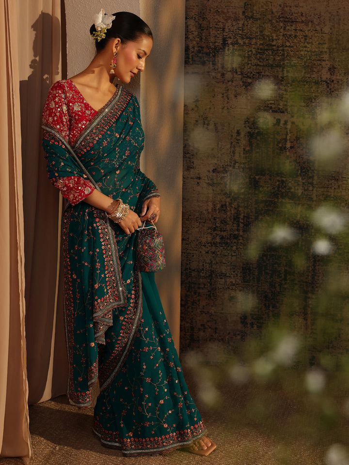 Libas Blue Floral Embroidered Net Saree With Unstitched Blouse Piece