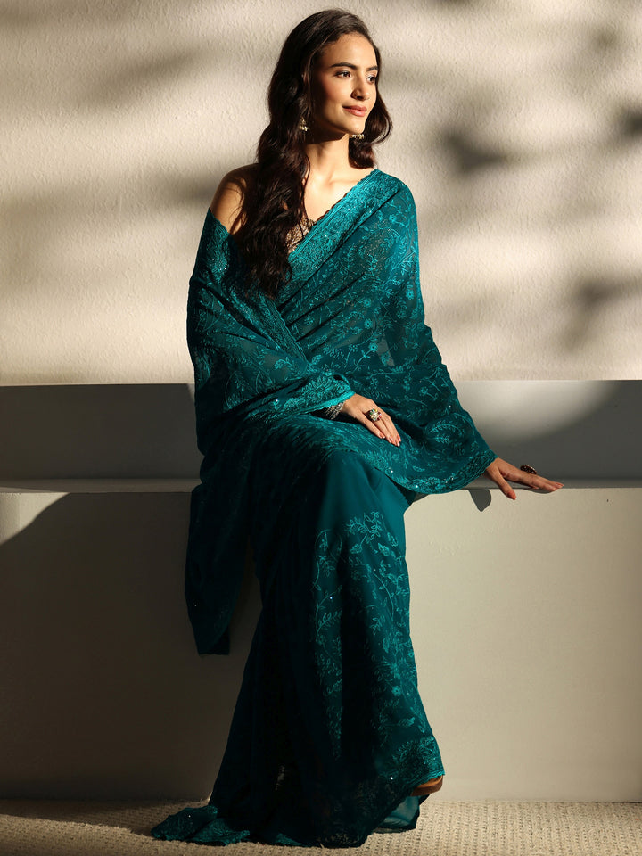 Blue Floral Embroidered Net Sareewith Unstitched Blouse Piece