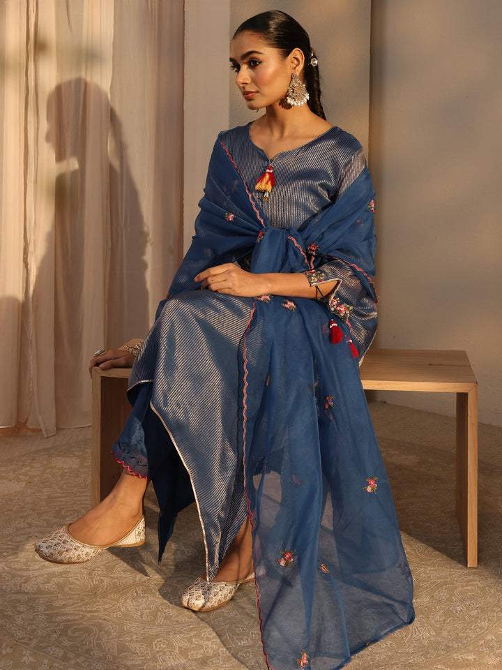Blue Floral Embroidered Organza A-Line Suits Set With Dupatta