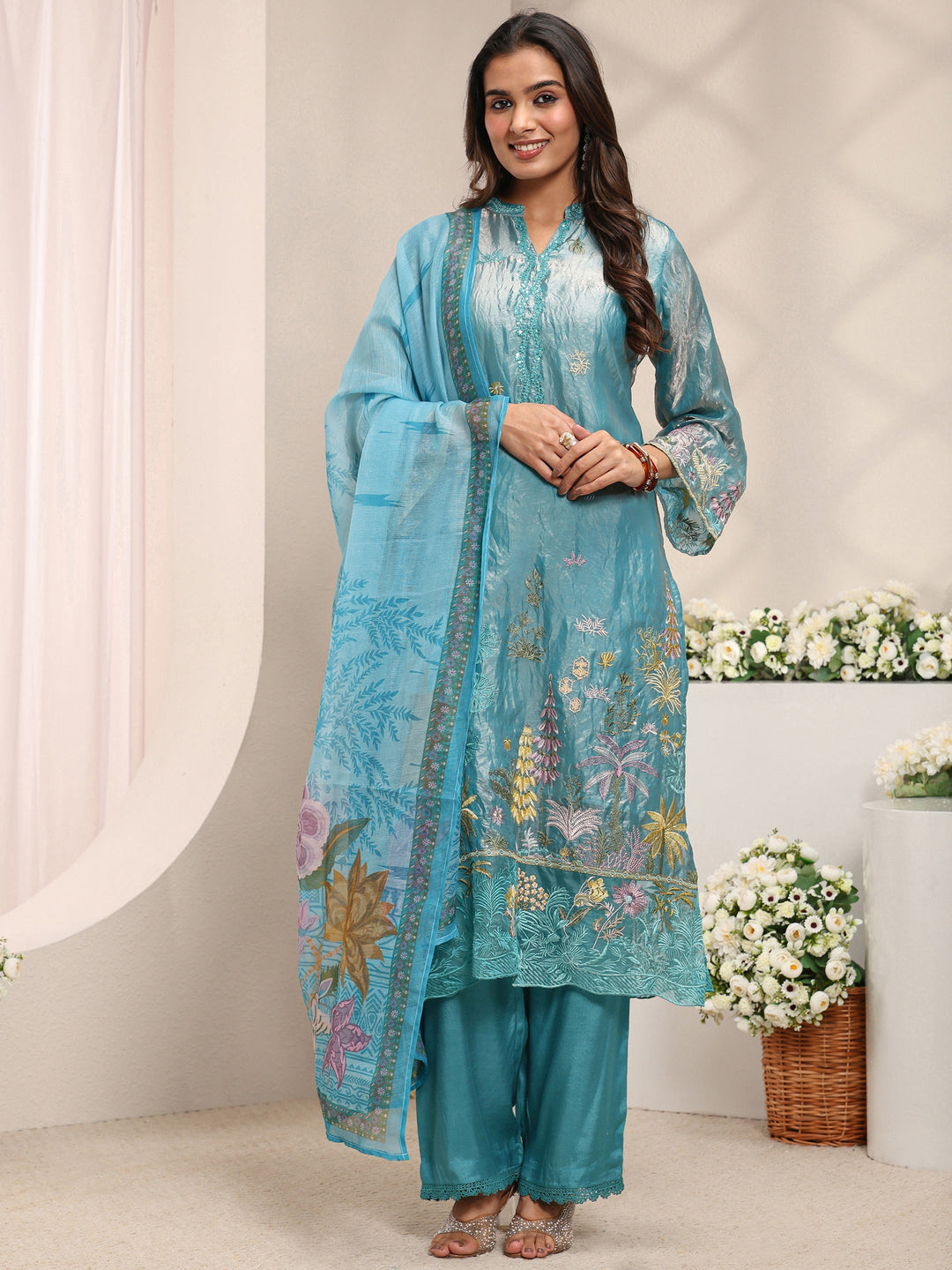 Blue Floral Embroidered Organza Straight Suit Set with Dupatta