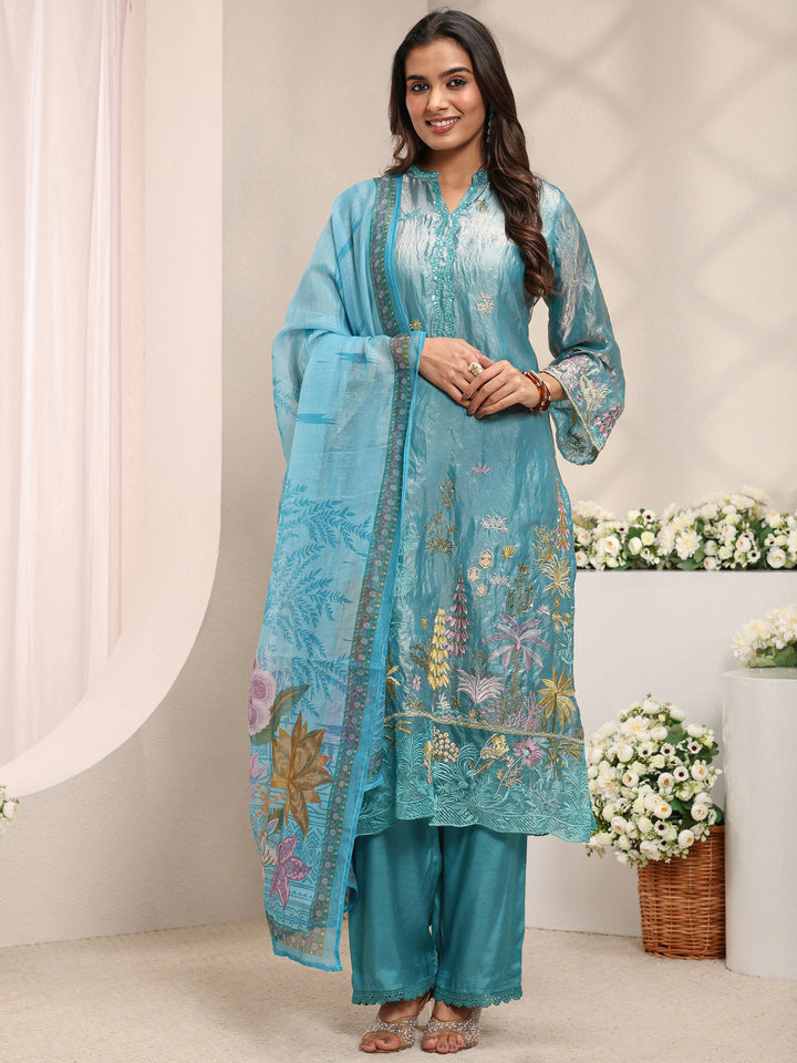 Blue Floral Embroidered Organza Straight Suit Set with Dupatta