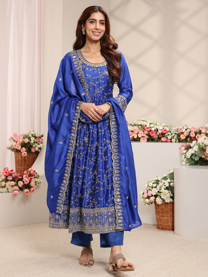 Blue Floral Embroidered Silk Blend Anarkali Suit Set With Dupatta
