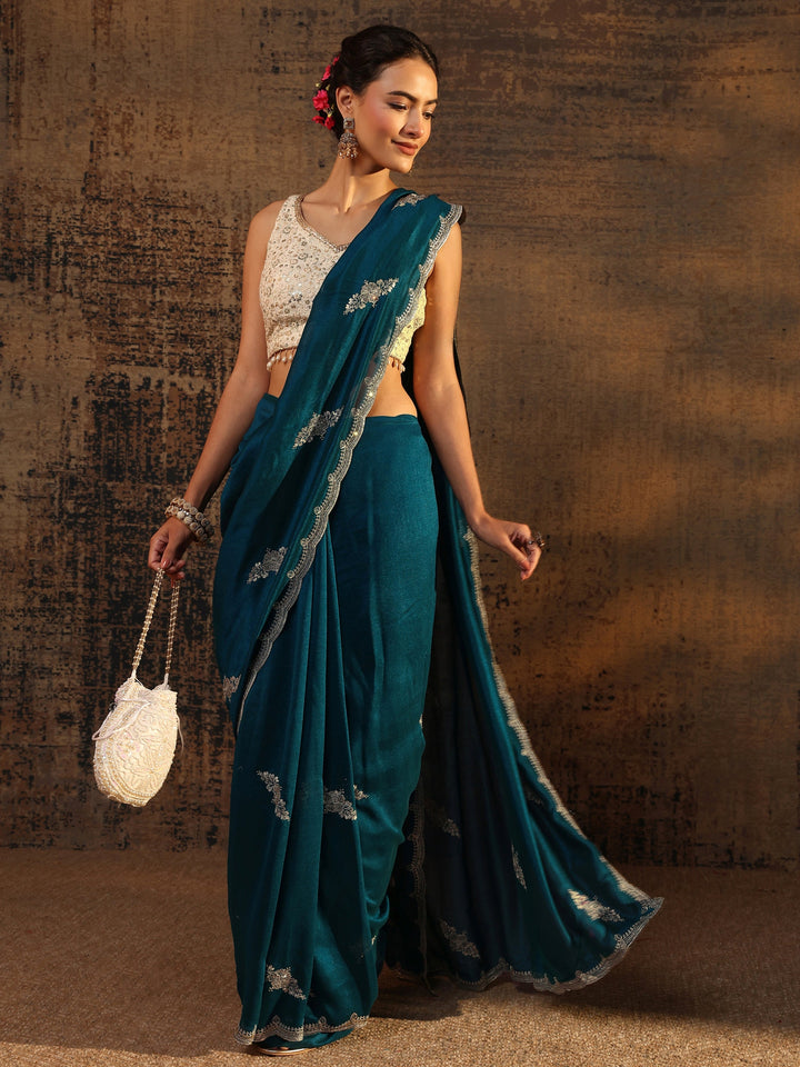 Blue Floral Embroidered Silk Blend Saree With Unstitched Blouse Piece