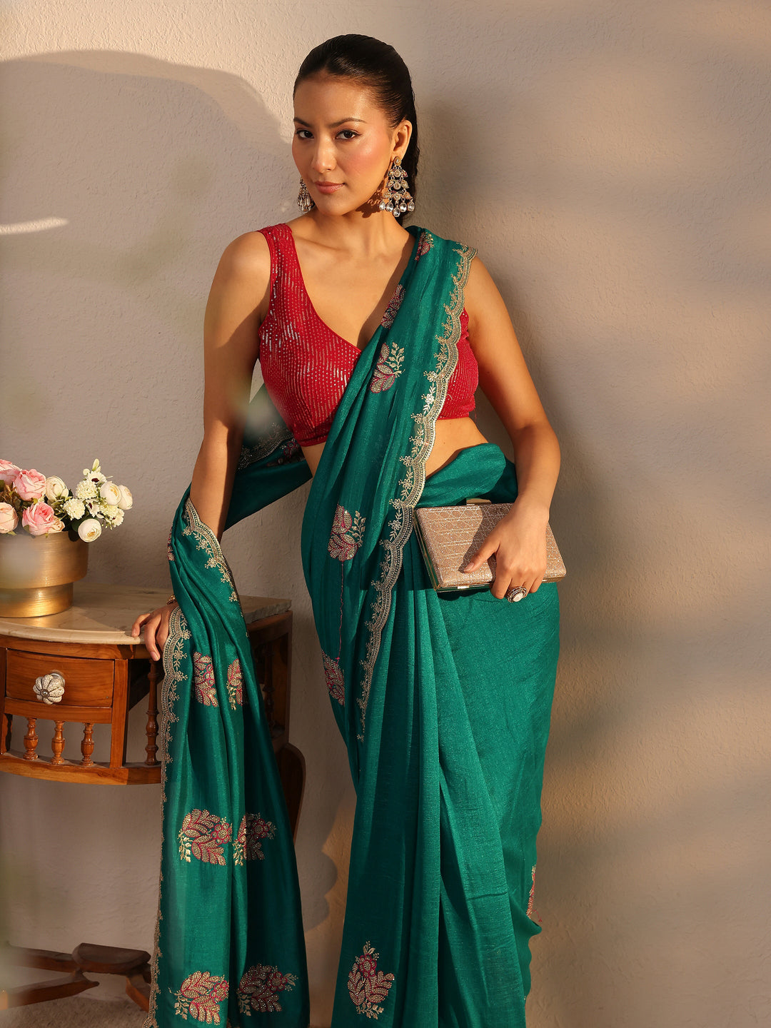 Blue Floral Embroidered Silk Blend Saree With Unstitched Blouse Piece