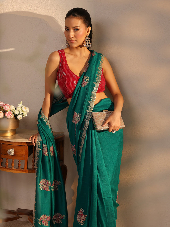 Blue Floral Embroidered Silk Blend Saree With Unstitched Blouse Piece