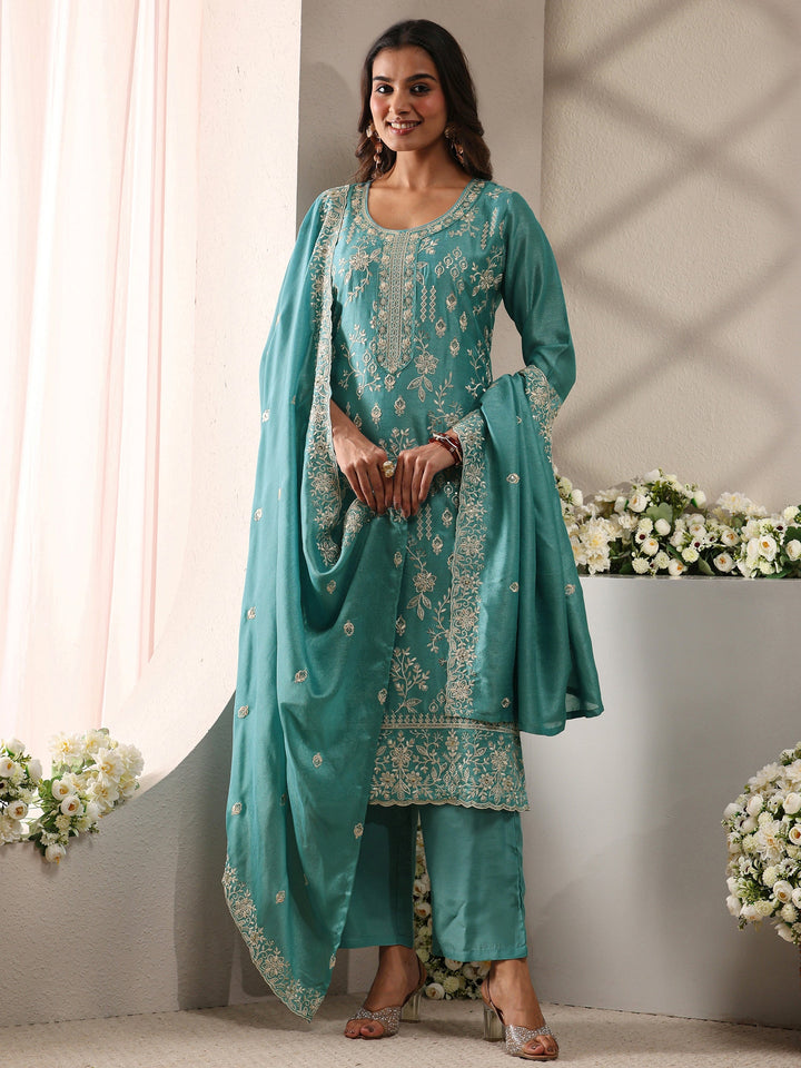 Blue Floral Embroidered Silk Blend Straight Suit Set With Dupatta