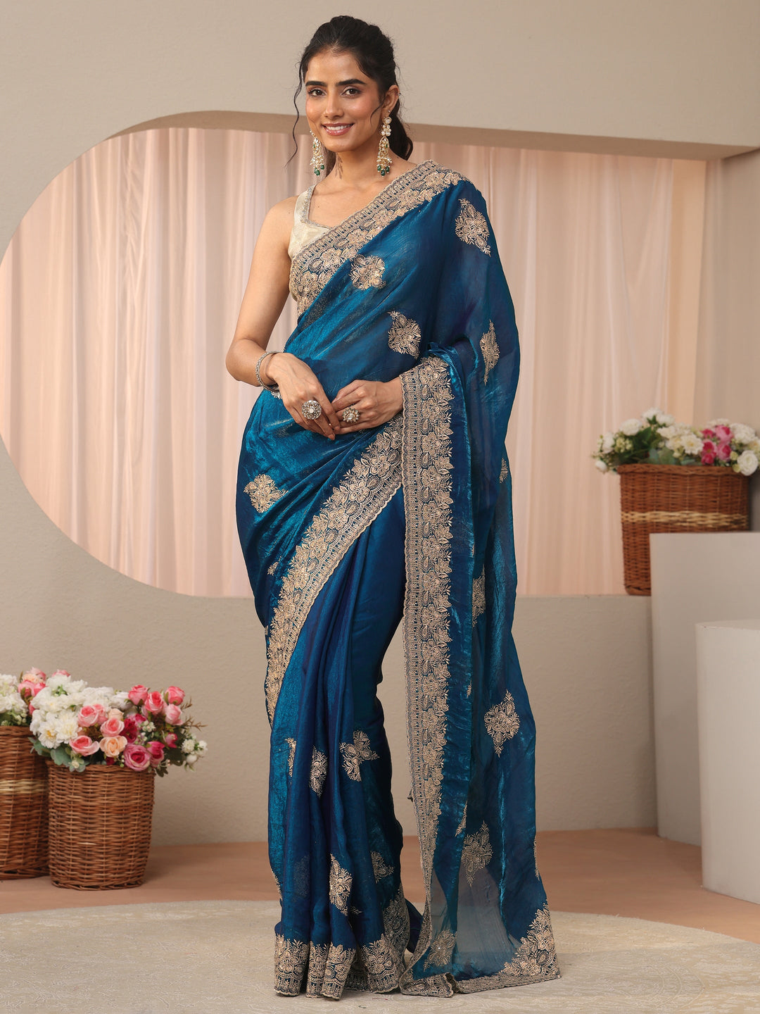 Blue Floral Embroidered Tissue Saree