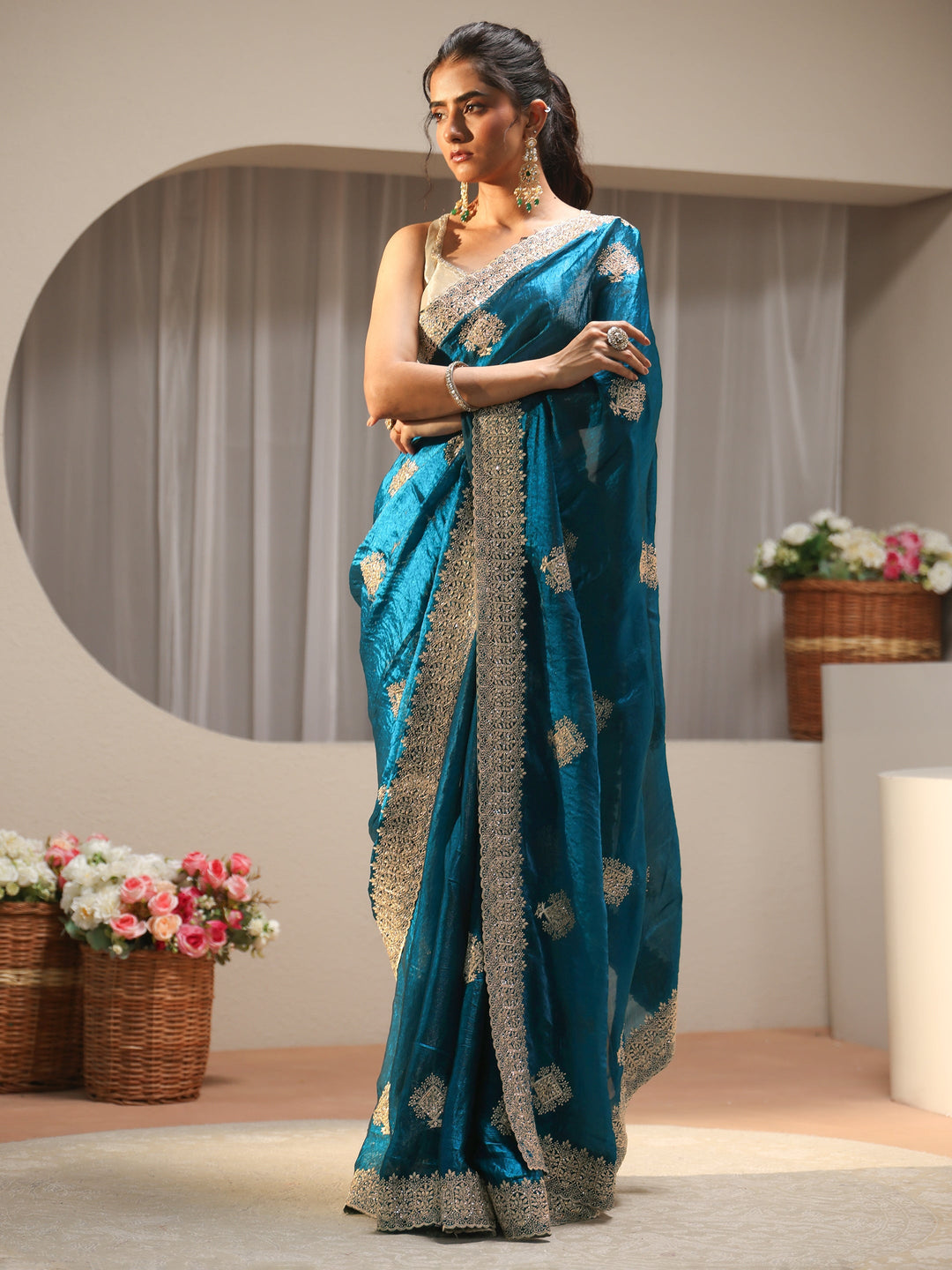 Blue Floral Embroidered Tissue Saree