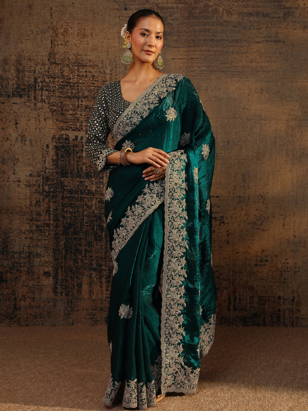 Blue Floral Embroidered Tissue Saree With Unstitched Blouse Piece