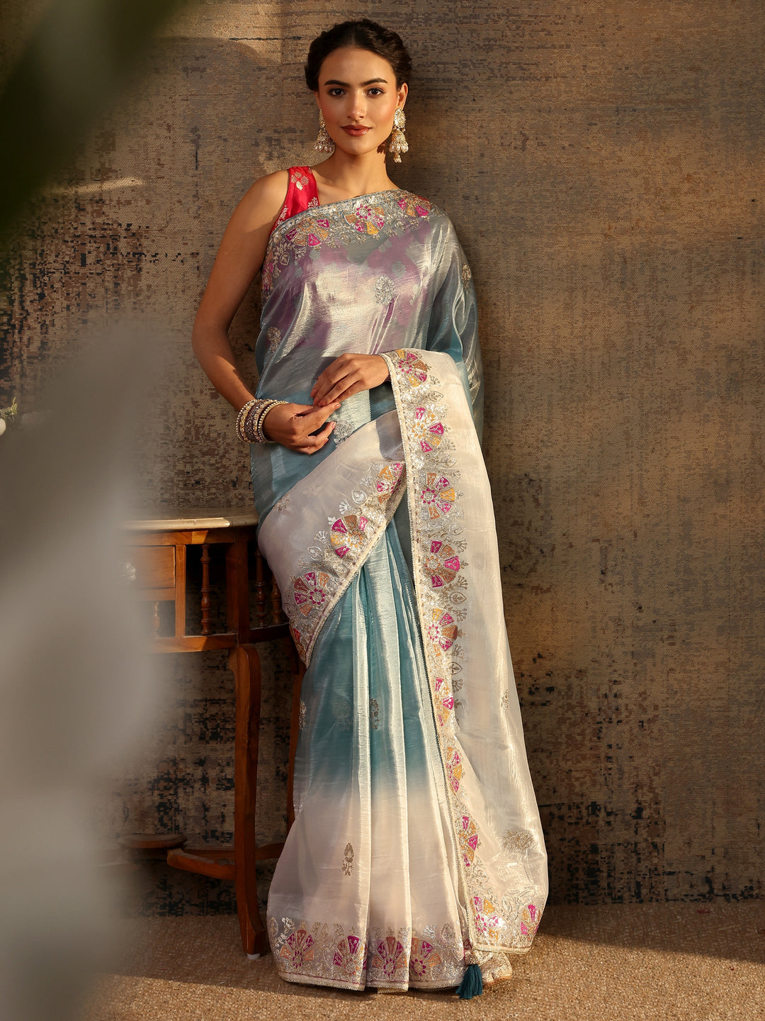 Blue Floral Embroidered Tissue Saree With Unstitched Blouse Piece