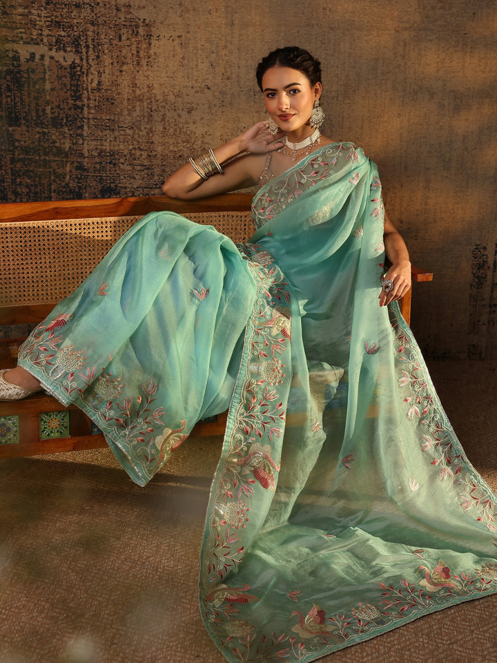 Blue Floral Embroidered Tissue Saree With Unstitched Blouse Piece