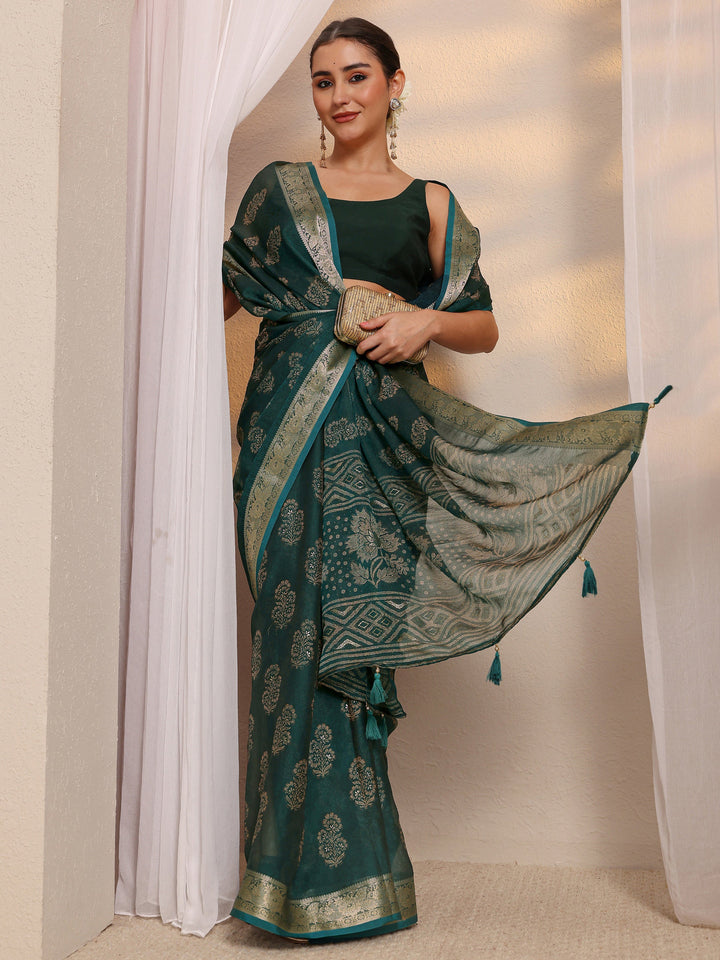 Blue Floral Print Jacquard  Silk Blend Saree 
With Unstitched Blouse Piece