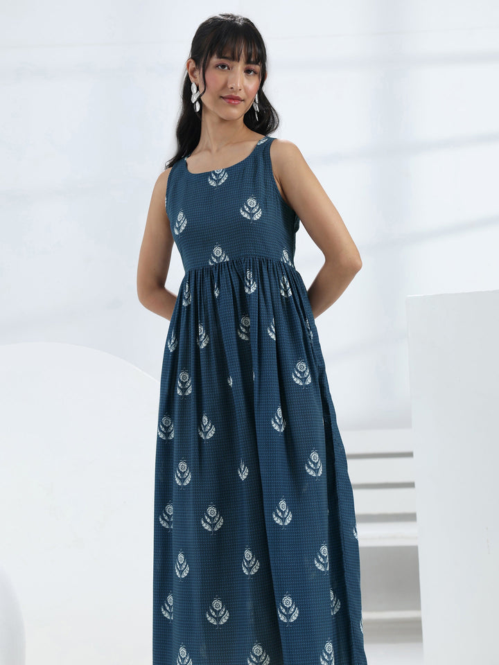 Blue Floral Printed A-Line Cotton Blend One-Piece Dress