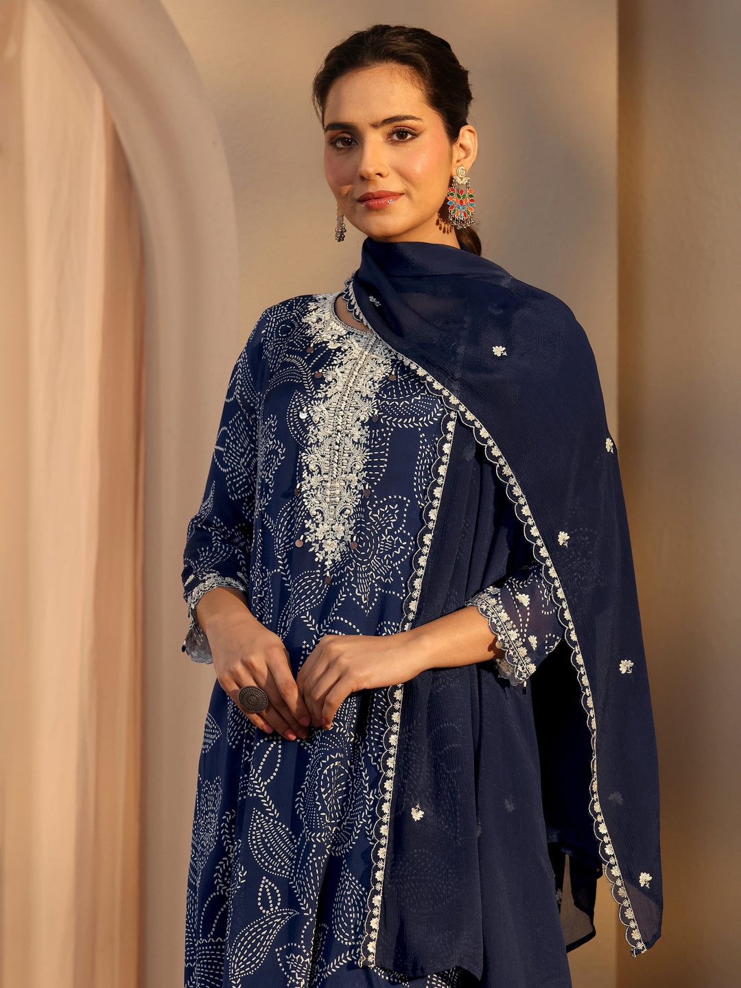 Blue Floral Printed Chinon A-Line Suit Set With Dupatta