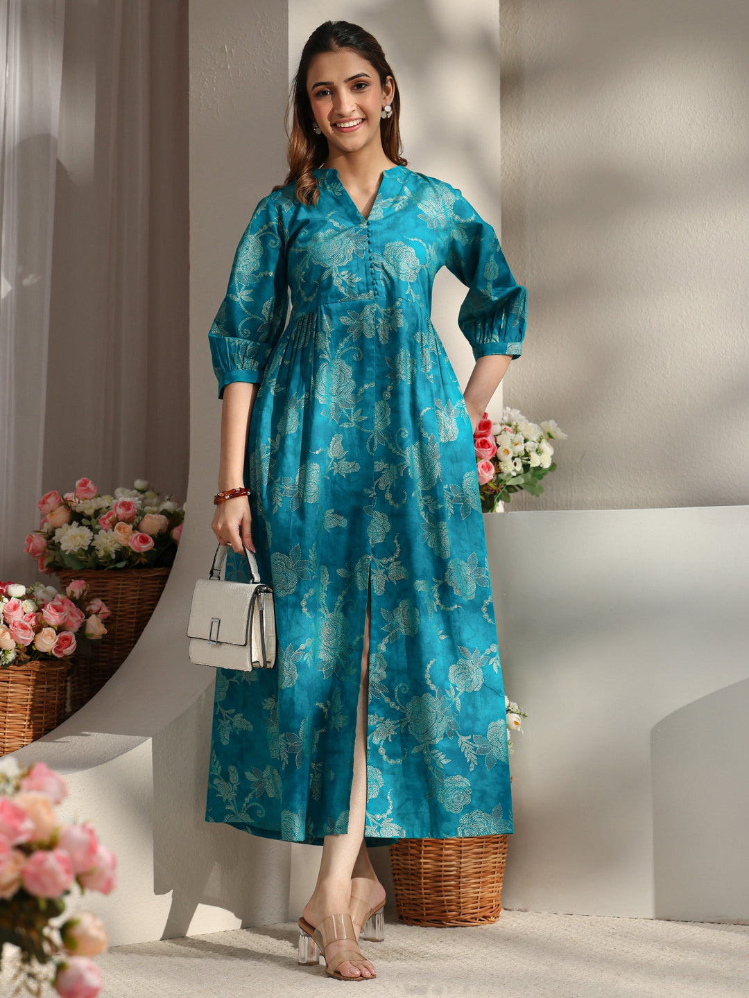 Buy Libas Blue Floral Printed Cotton A-Line One Piece Dress Online in USA at $19.00