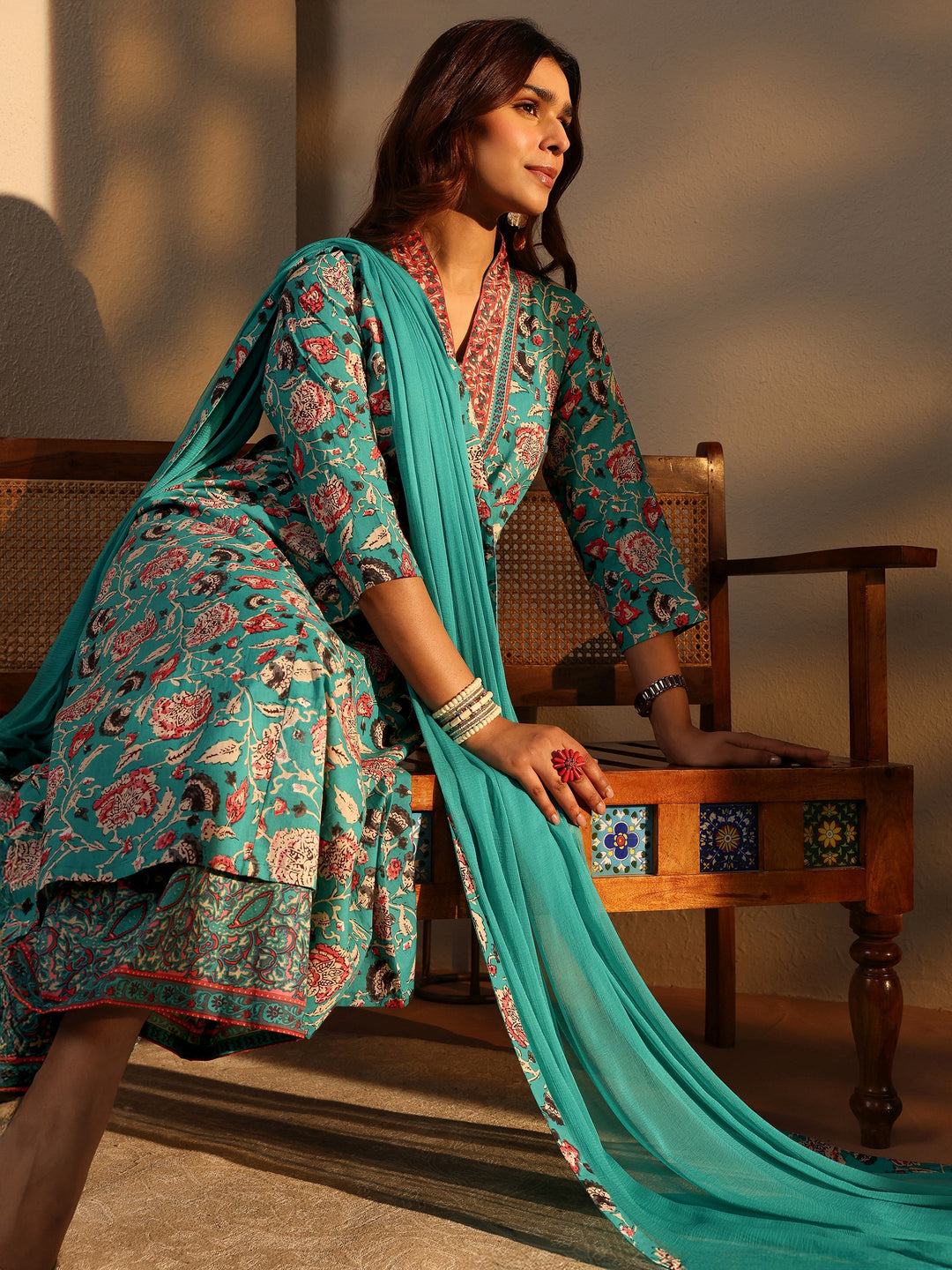 Blue Floral Printed Cotton A-Line Suit Set With Dupatta