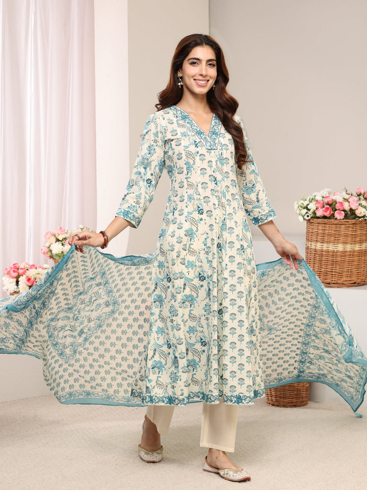 Blue Floral Printed Cotton A-Line Suit Set With Dupatta