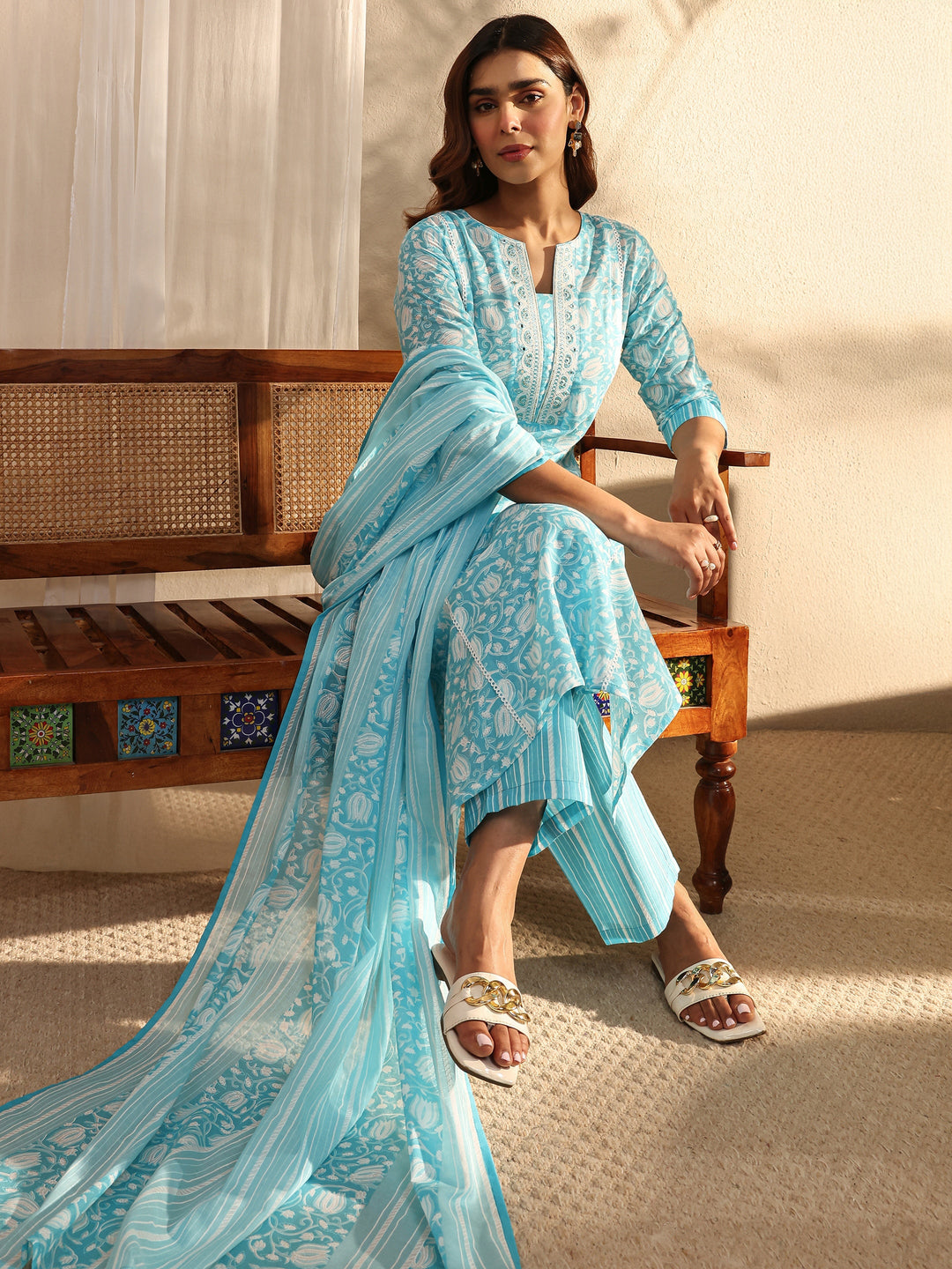 Blue Floral Printed Cotton A-Line Suit Set With Dupatta