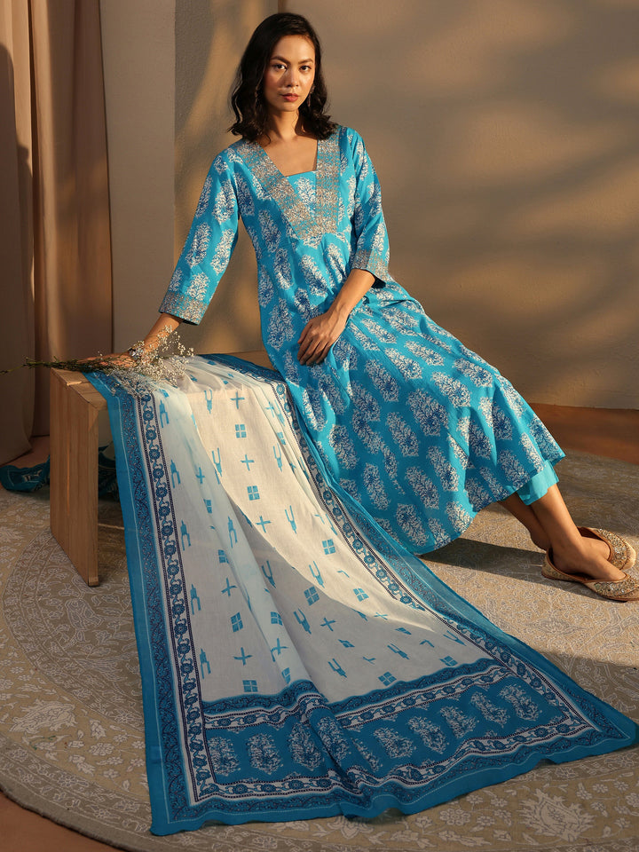 Blue Floral Printed Cotton Anarkali Suit Set With Dupatta