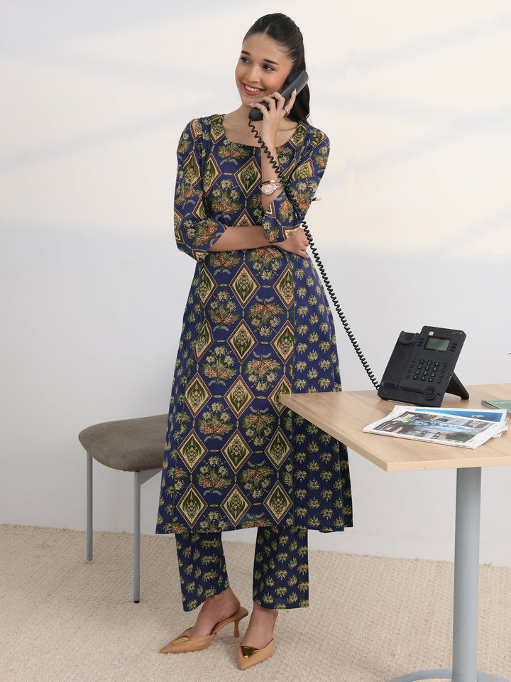 Blue Floral Printed Cotton Blend A-Line Kurta Set