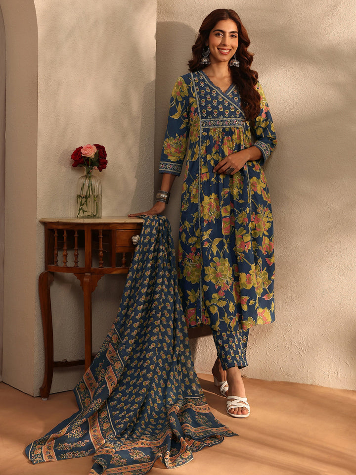 Blue Floral Printed Cotton Blend A-Line Suit Set With Dupatta