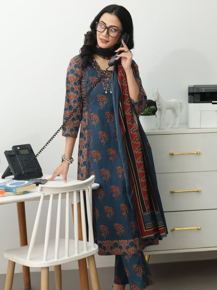 Blue Floral Printed Cotton Blend A-Line Suit Set With Dupatta