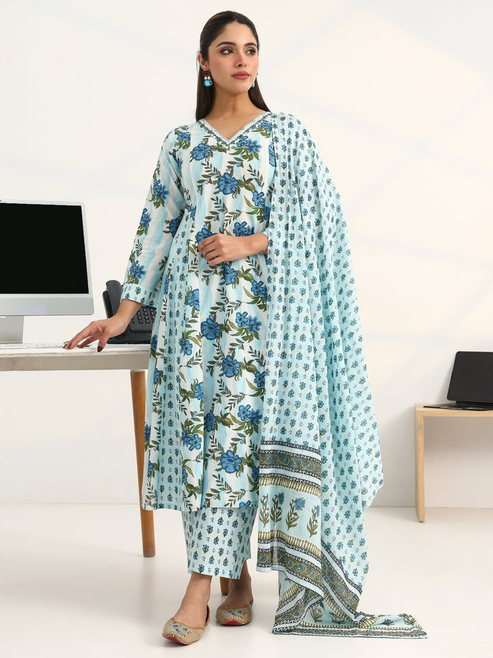 Blue Floral Printed Cotton Blend A-Line Suit Set With Dupatta