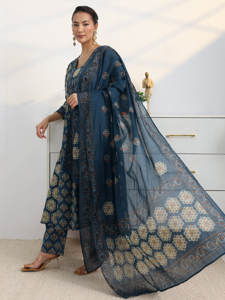 Blue Floral Printed Cotton Blend A-Line Suit Set With Dupatta