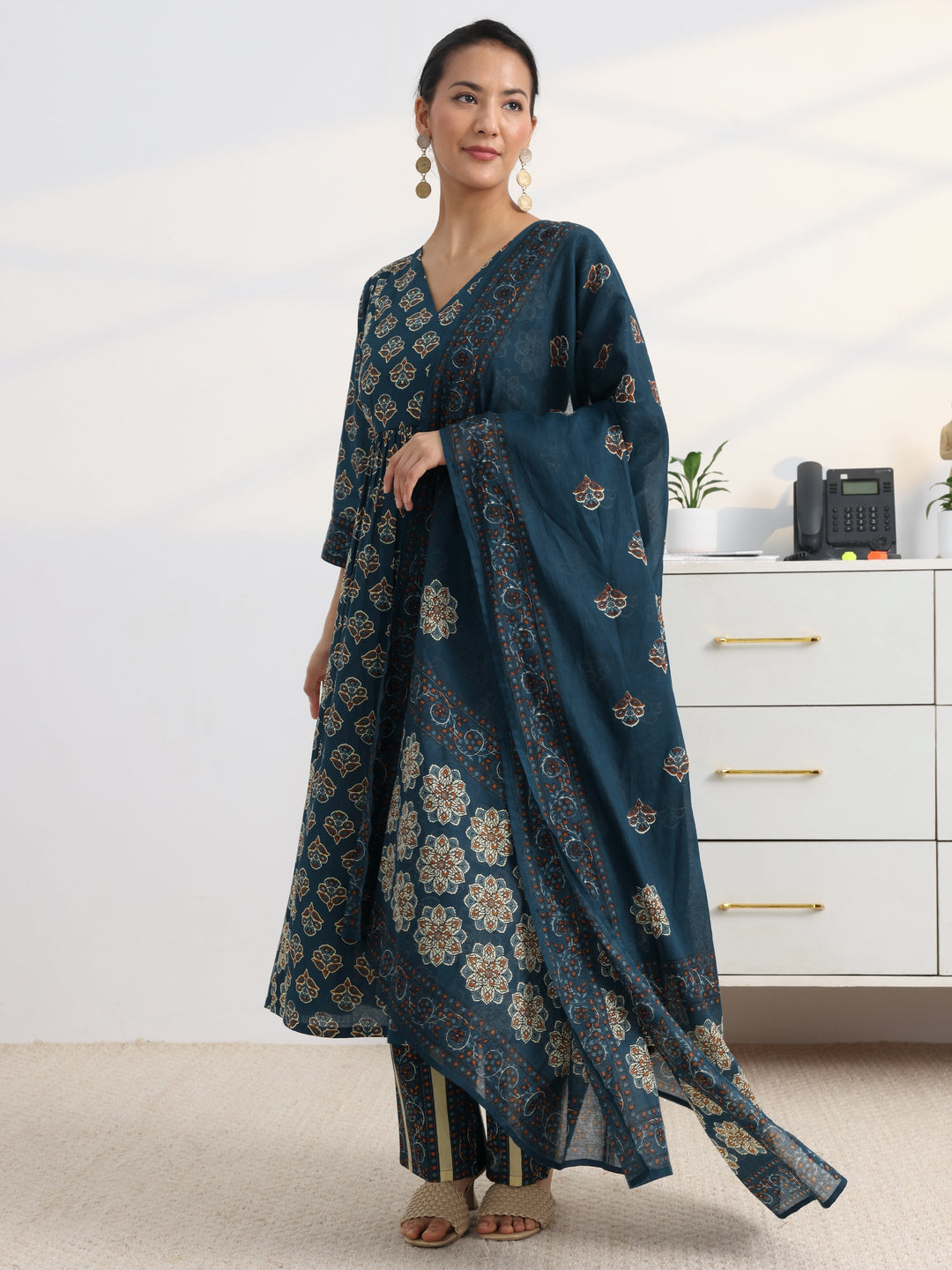 Blue Floral Printed Cotton Blend A-Line Suit Set With Dupatta