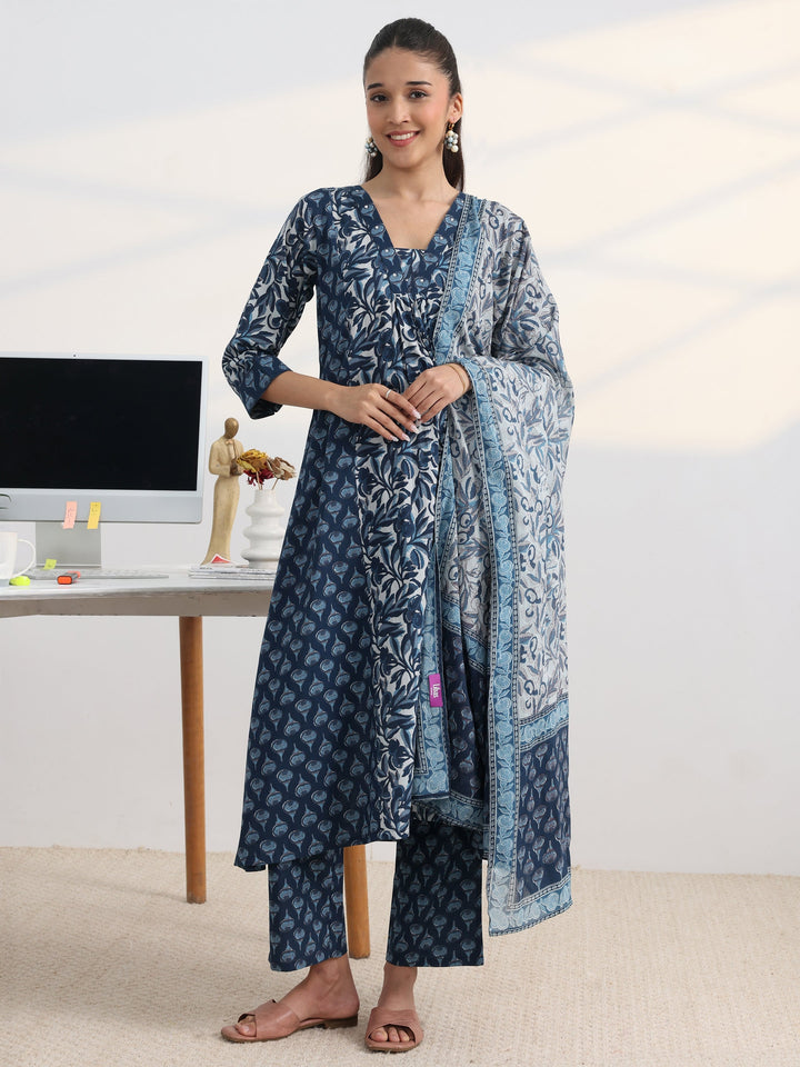 Blue Floral Printed Cotton Blend A-Line Suit Set With Dupatta