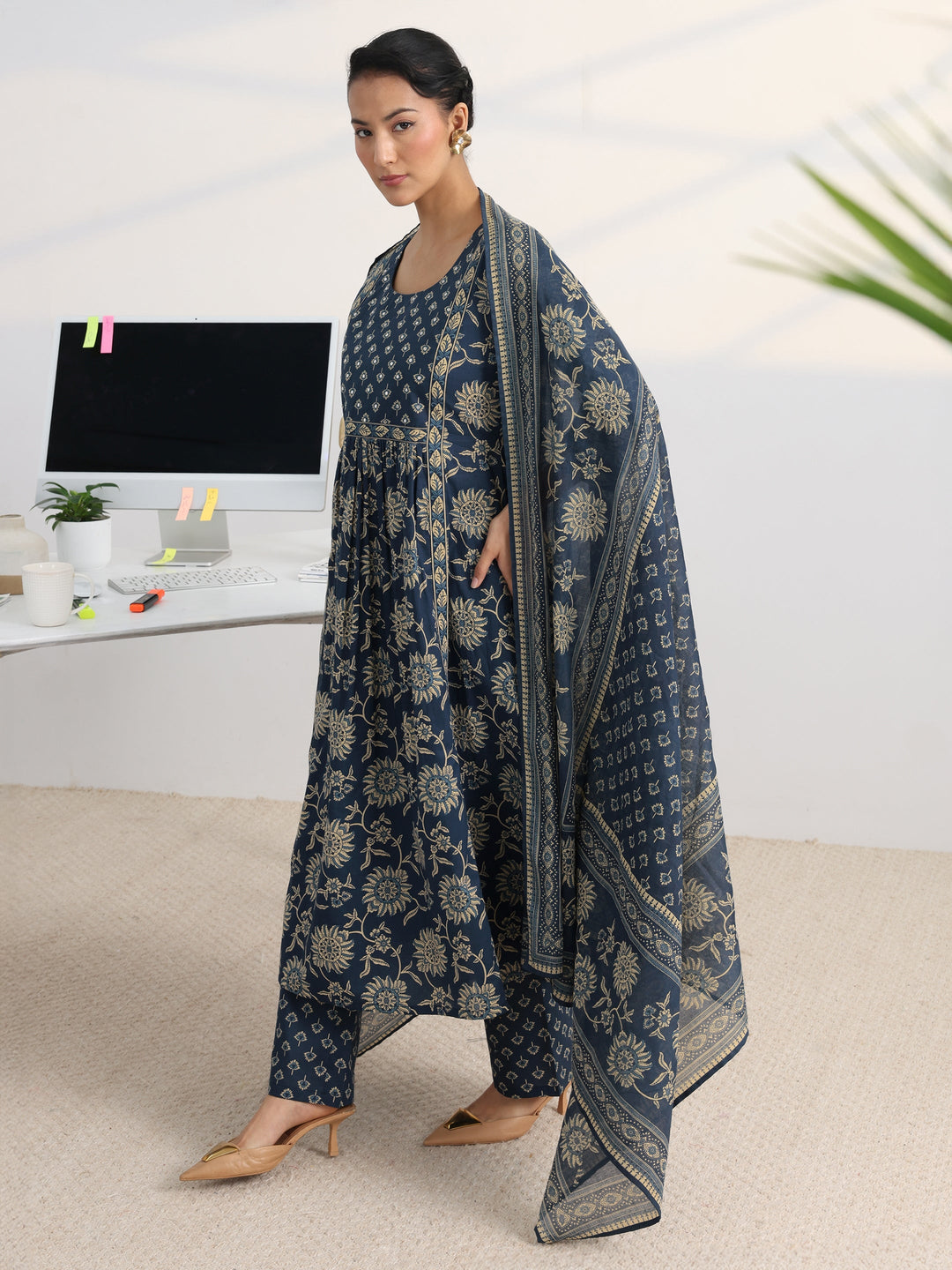 Blue Floral Printed Cotton Blend A-Line Suit Set With Dupatta