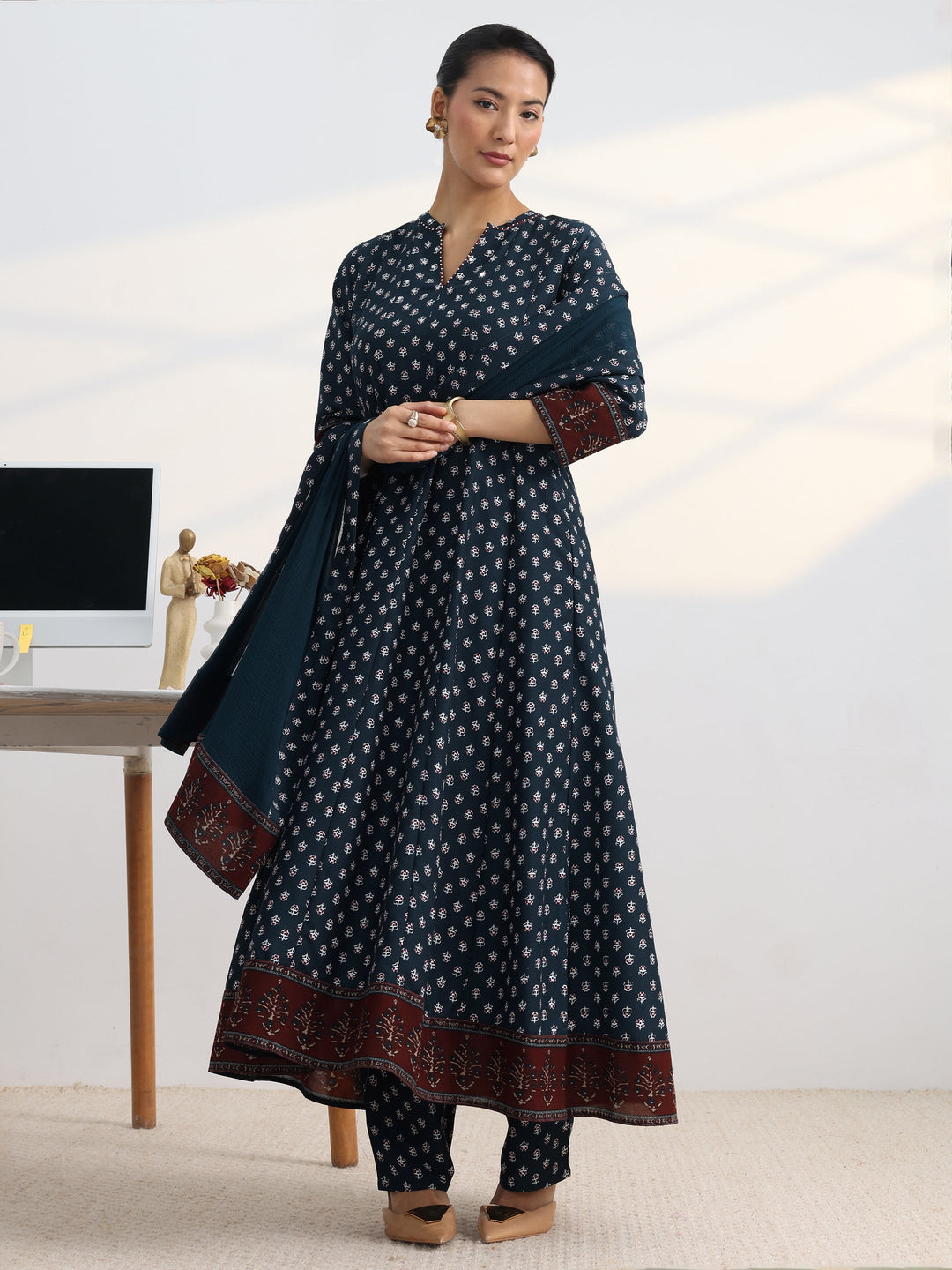 Blue Floral Printed Cotton Blend A-Line Suit Set With Dupatta
