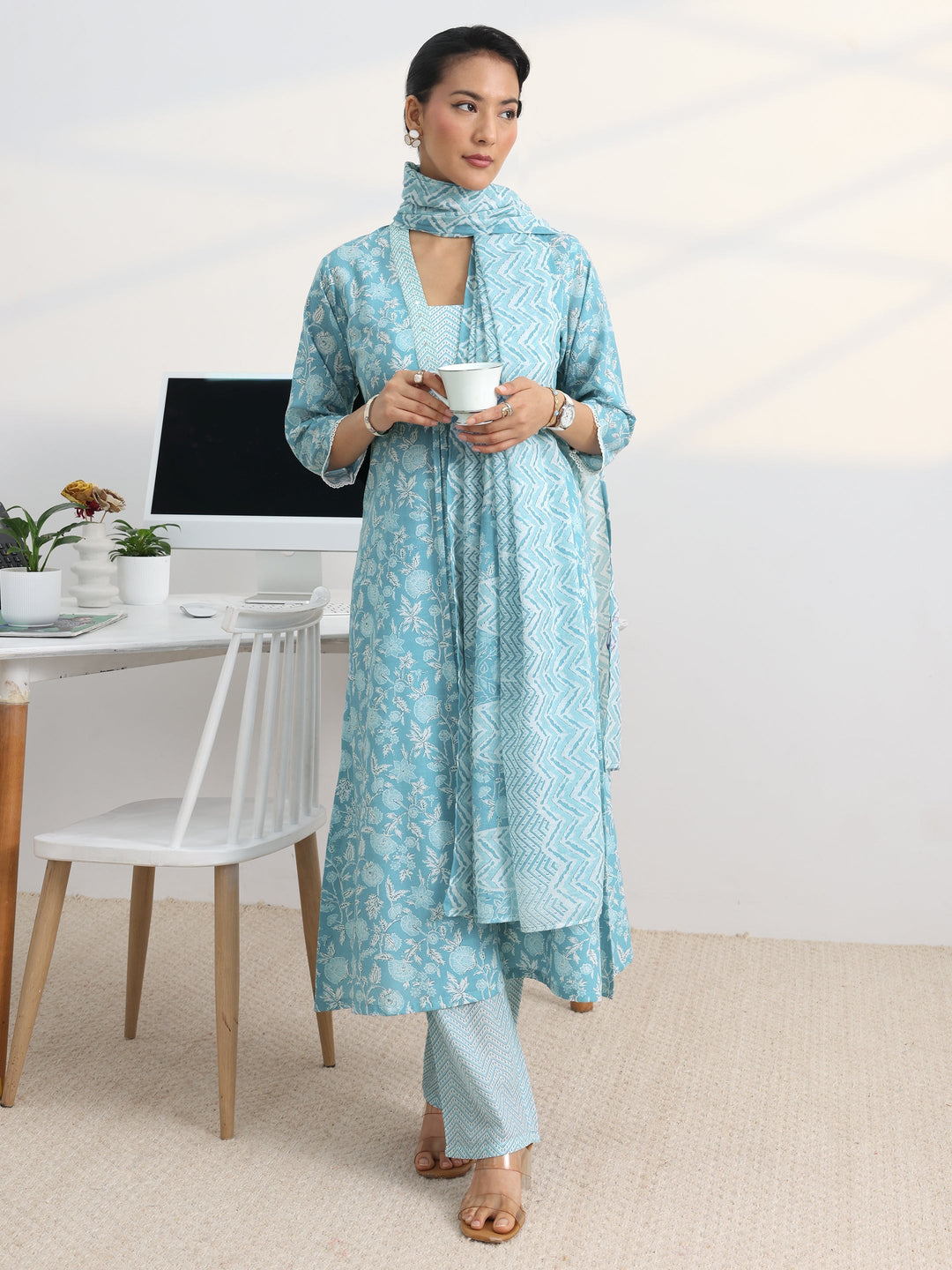 Blue Floral Printed Cotton Blend A-Line Suit Set With Dupatta