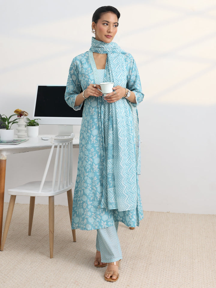 Blue Floral Printed Cotton Blend A-Line Suit Set With Dupatta