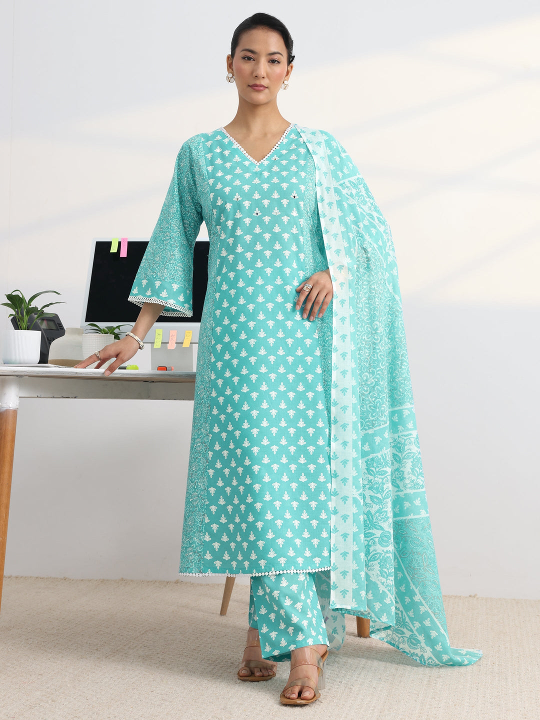 Blue Floral Printed Cotton Blend A-Line Suit Set With Dupatta