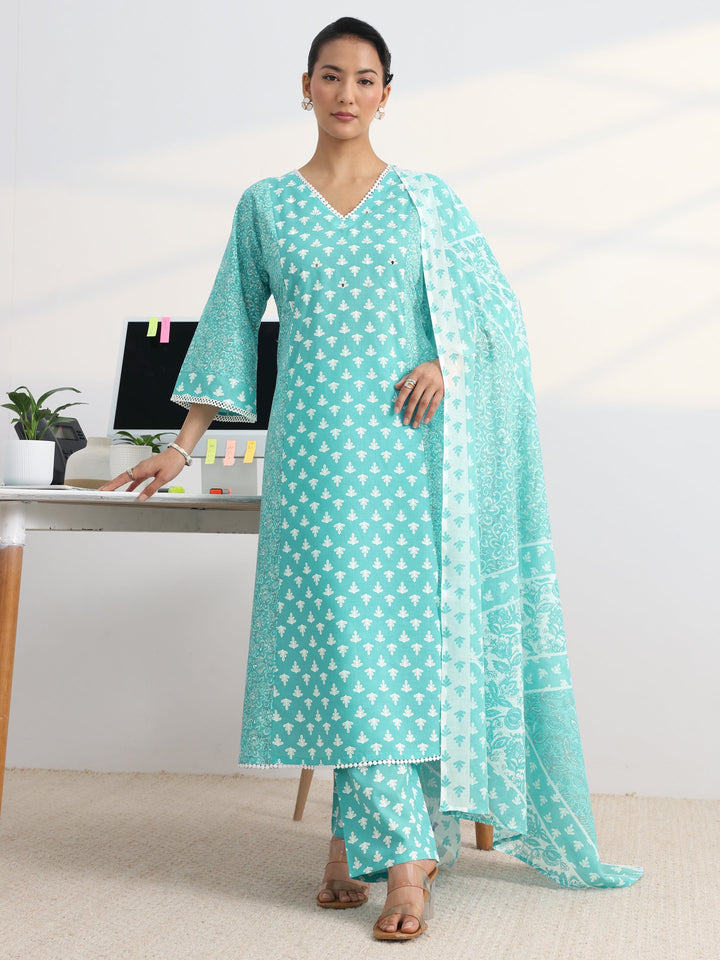 Blue Floral Printed Cotton Blend A-Line Suit Set With Dupatta