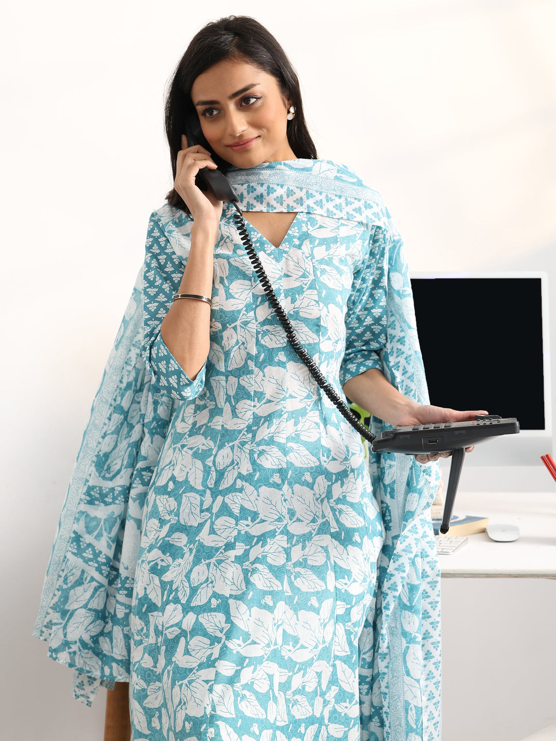 Blue Floral Printed Cotton Blend Anarkali Suit Set With Dupatta