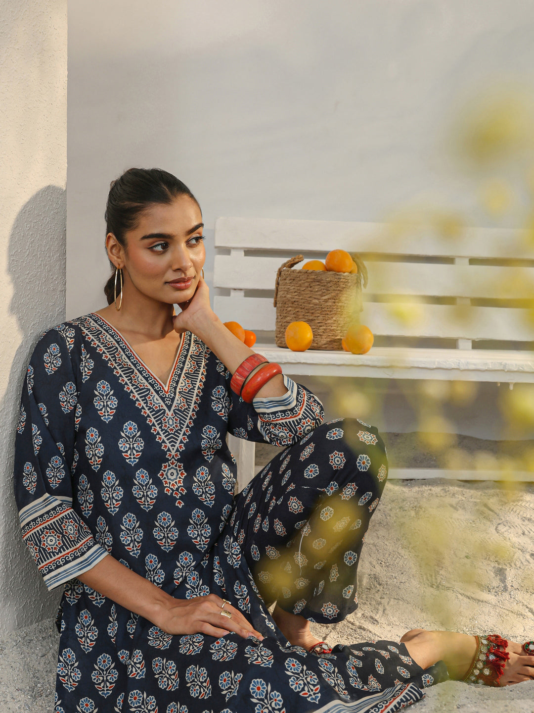 Blue Floral Printed Cotton Blend Straight Kurta Set