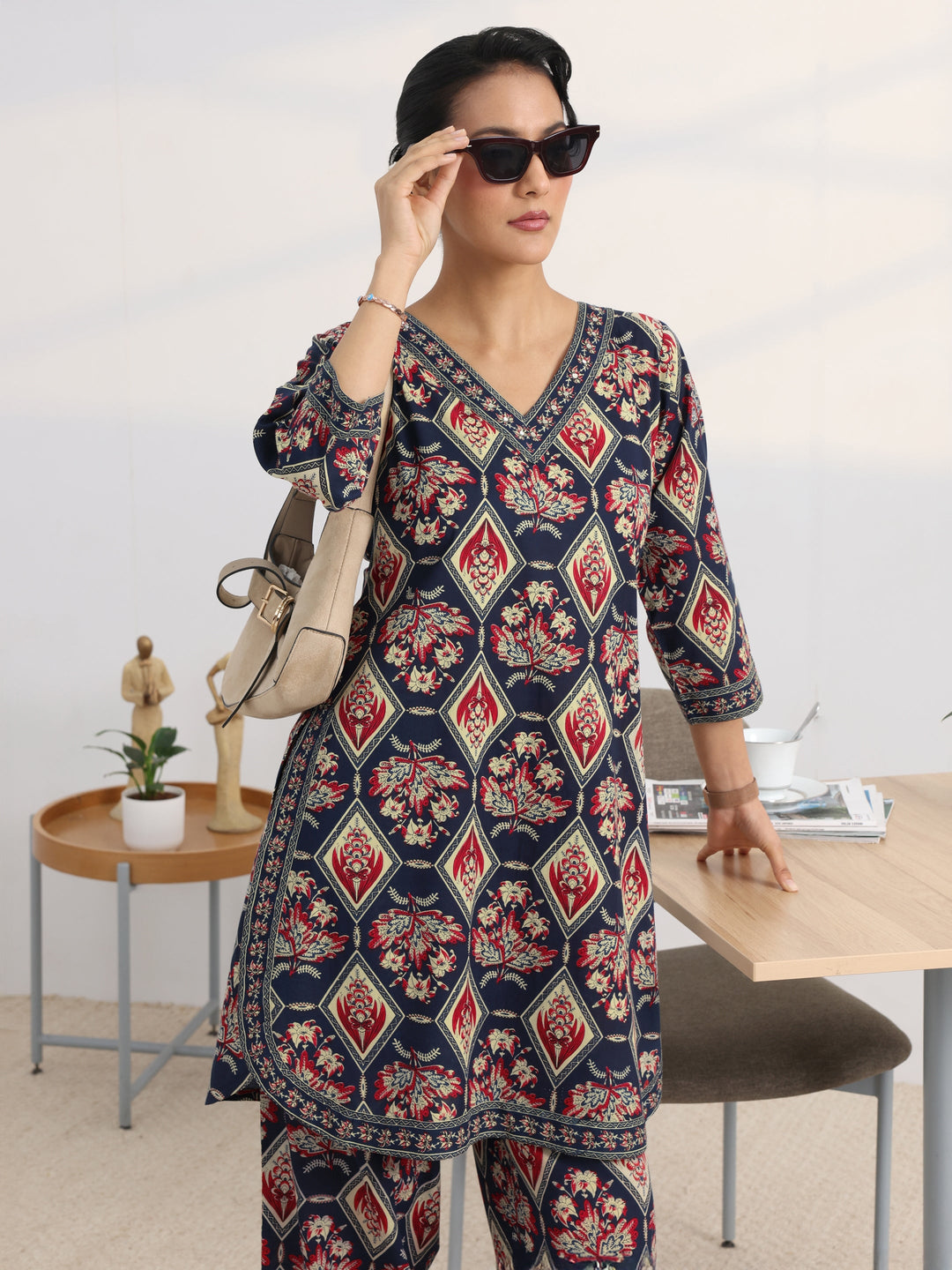Blue Floral Printed Cotton Blend Straight Kurta Set