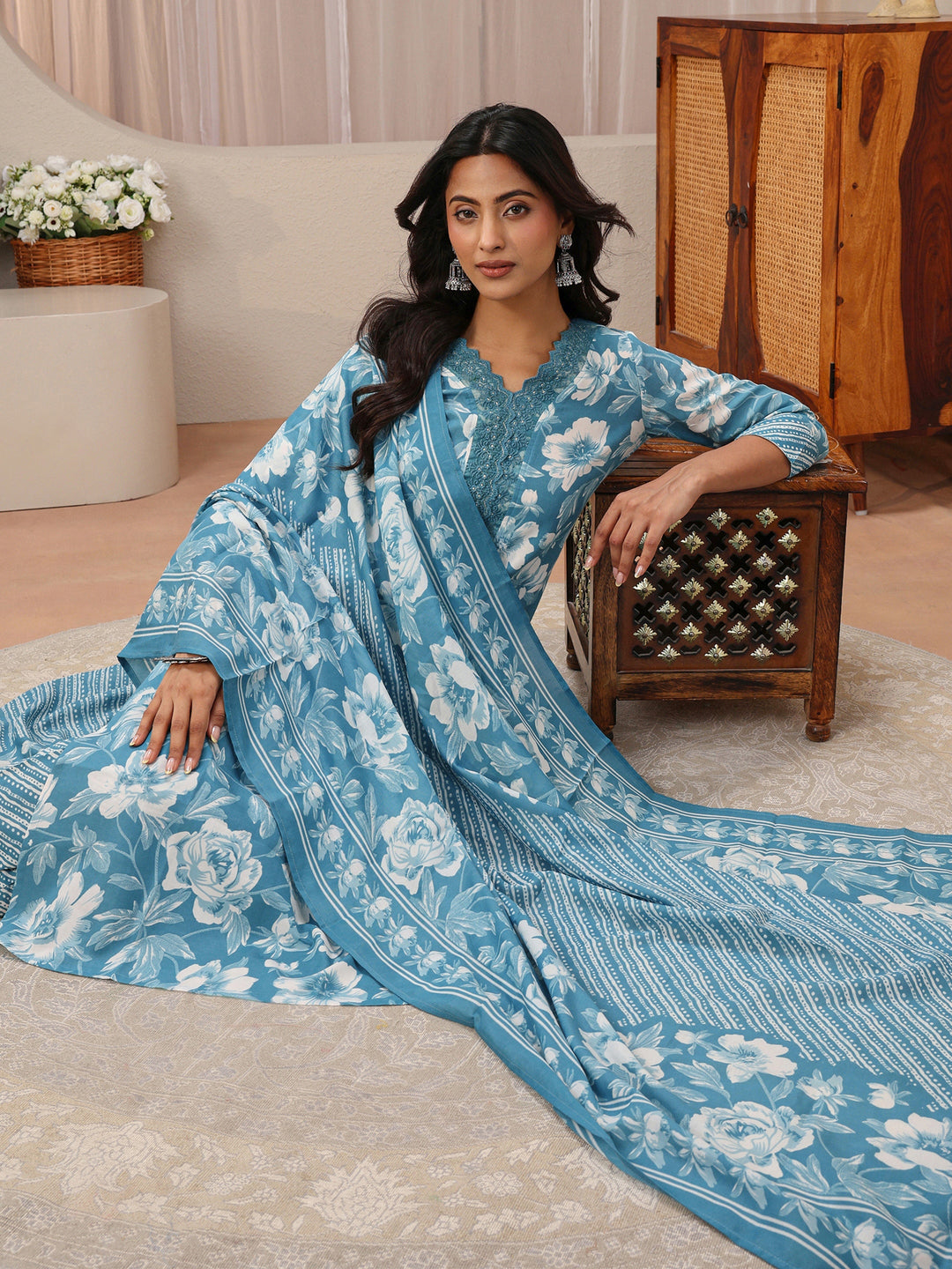 Blue Floral Printed Cotton Blend Straight Suit Set