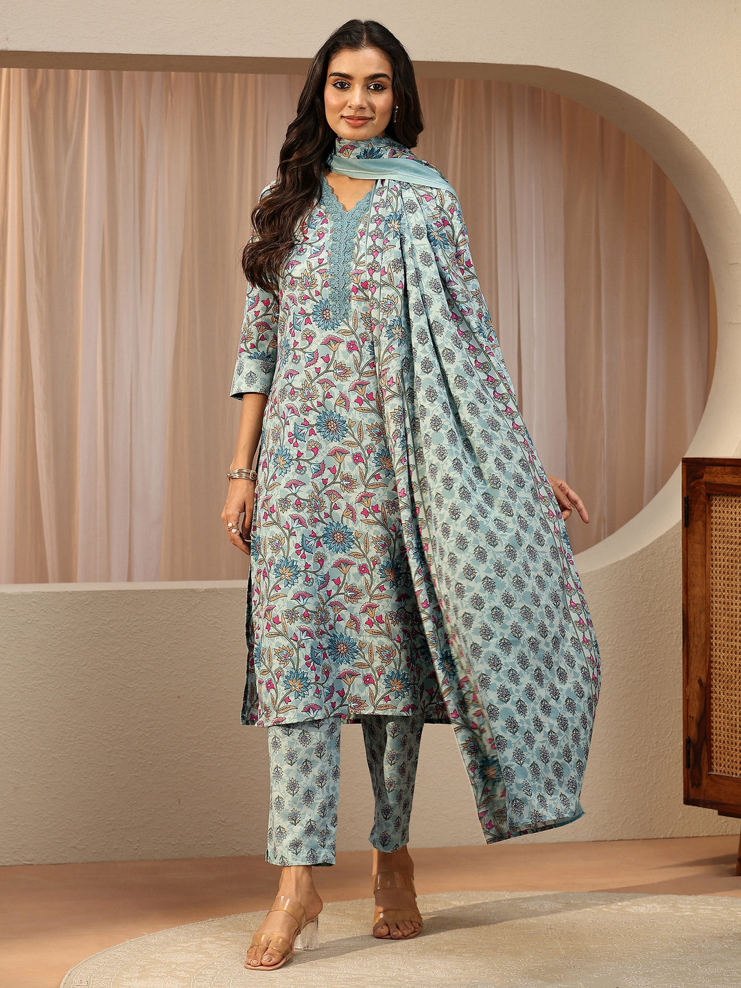 Blue Floral Printed Cotton Blend Straight Suit Set