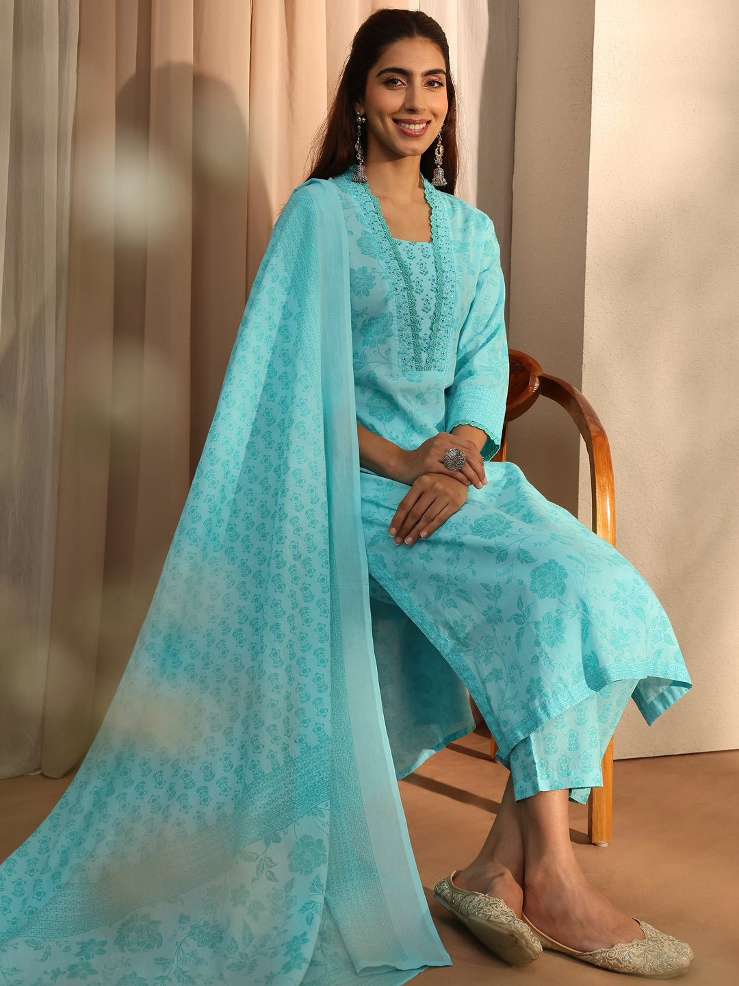 Blue Floral Printed Cotton Blend Straight Suit Set With Dupatta